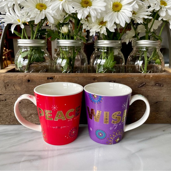 Starbucks•Holiday 2006•Set of Two (2) Mugs~PEACE (Red)+WISH (Purple)•14 fl oz - Picture 4 of 12